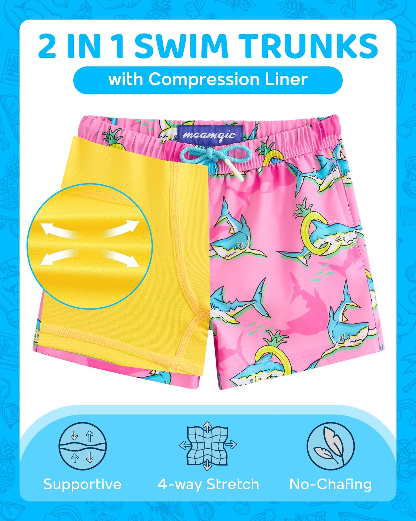 maamgic Boys Swim Trunks with Compression Liner 4-Way Stretch Quick Dry Bathing Suit Toddler Beach Shorts Peach Pink Shark 5-6 Years