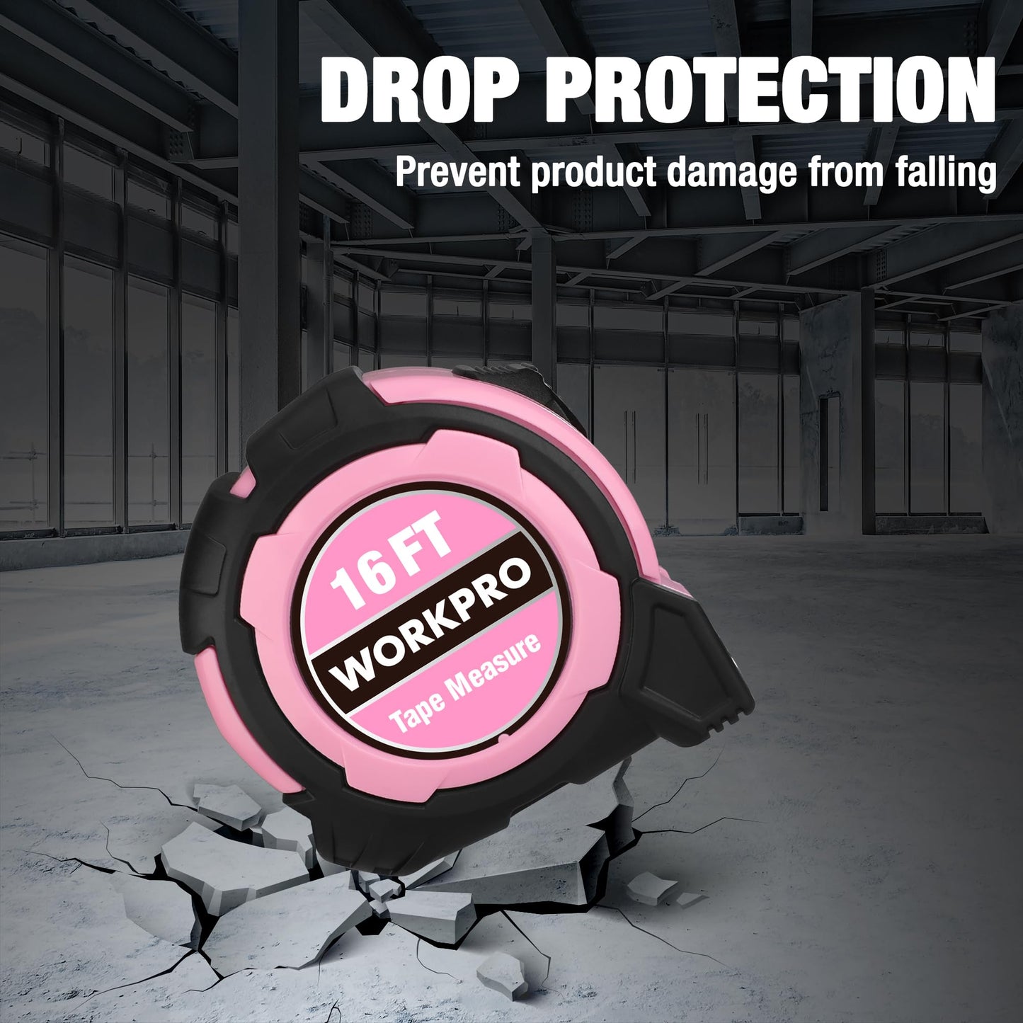 WORKPRO 16FT Pink Tape Measure, 1/8 Fractions Easy Read Measuring Tape, Retractable Nylon Coating Measurement Tape Accuracy 1/32, Magnetic Hook, Belt Clip, Rubber Protective Casing