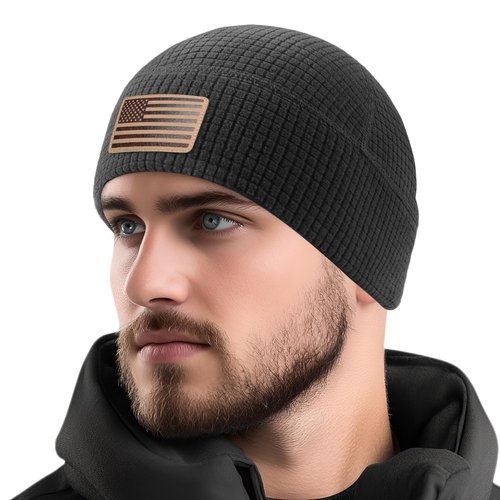 OUTDOOR SHAPING Grid Fleece Beanie with Leather American Flag Patch Waffle Tactical Army Military Skull Cap Black