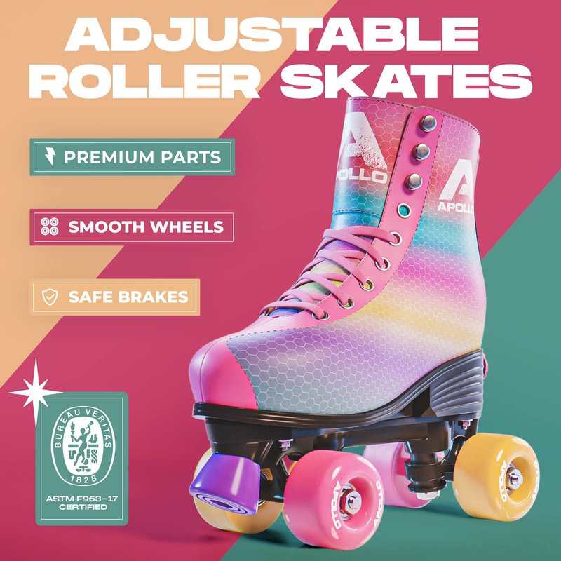 APOLLO Retro Skates - Size Adjustable Quad Skates for Girls & Women - High Heel Rollerskates - Disco Quads - Dancing Queen S / J12-2