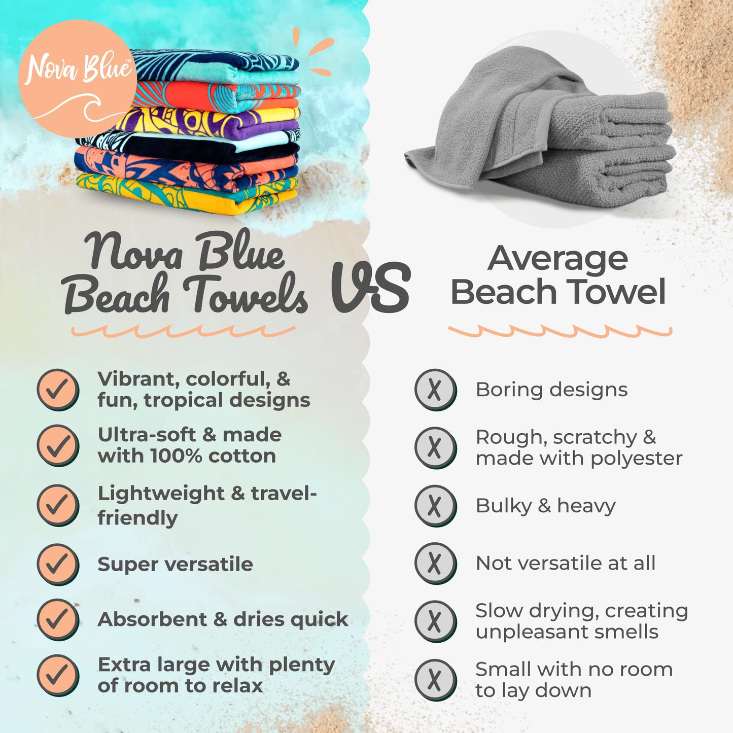 Nova Blue Lobster Beach Towel (34 X 63) - Solid Color Beach Towel Made from 100% Cotton – Coral Stripe Large Beach Towels with Tropical Design – Extra Large, XL Beach Blanket
