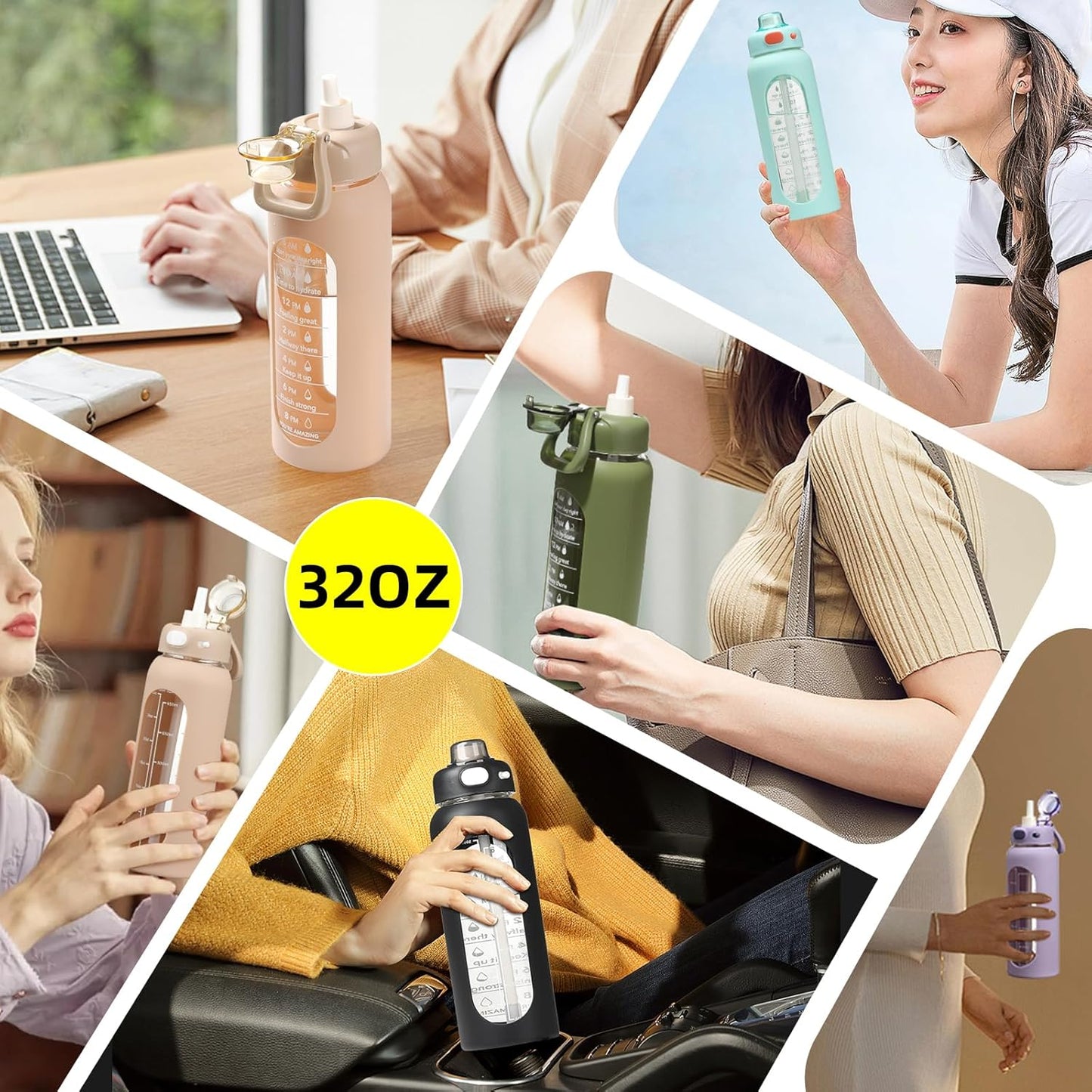 SIEROZUR 32 oz Glass Water Bottle - Durable with Straw, Handle & Silicone Sleeve | Time Marker for Gym & Travel