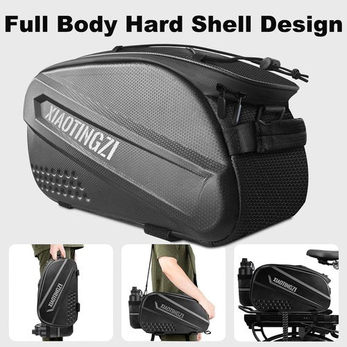 XIAOTINGZI Hard Shell Bike Bag - 9.5L Waterproof Bicycle Back Seat Bag, Universal Rack Mount Trunk for Bicycle & Ebike, Adjustable Straps, Zippered Pocket - Black