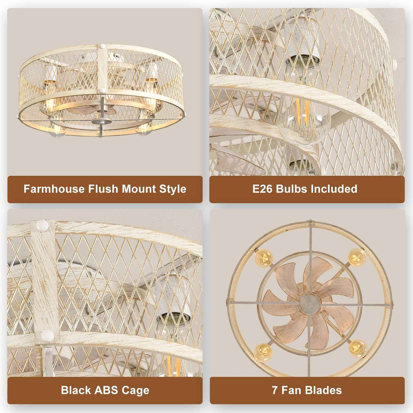 Depuley Cage Ceiling Fan with Light: Cement Flush Mount Ceiling Fans with Remote - 20in Rubbed Ceiling Fans Light Fixture for Dining Room - Rustic Reversible Farmhouse Fandelier for Bedroom Kitchen