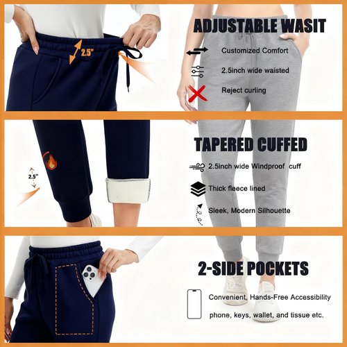 Hi Clasmix Fleece Lined Joggers for Women-Winter Thermal Women's Sweatpants Thick High Waisted Ski Hiking Running Pants S-2XL(Navy,Medium)