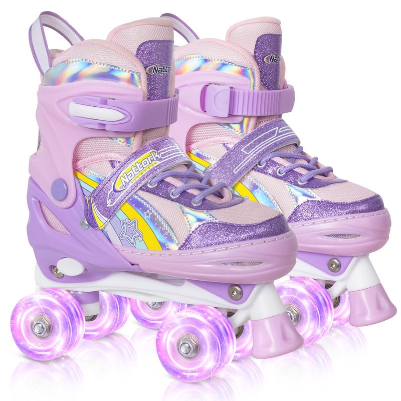 Nattork Kids Roller Skates for Girls, 4 Size Adjustable Rainbow Quad Skates with All Light Up Wheels - Best Birthday Gift for Outdoor Sports