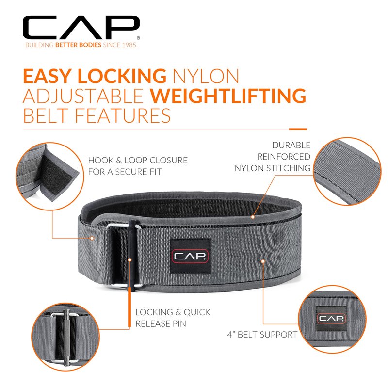 CAP Barbell Premium Nylon Weightlifting Belt – Heavy-Duty Support for Squats, Deadlifts, and Core Stability - Gray - Medium