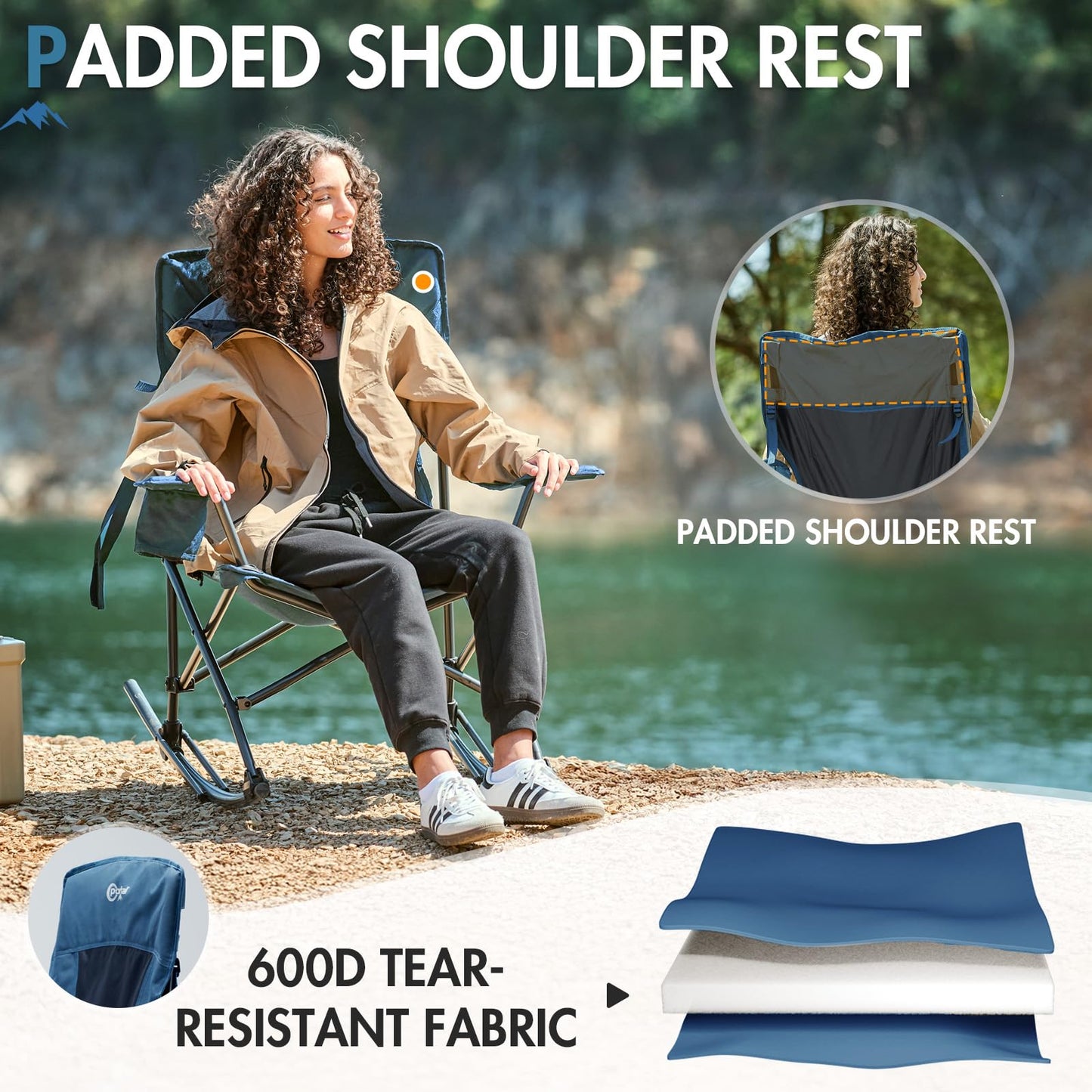 Portal Outdoor Rocking Chair Camping Folding Portable Rocker with Cup Holder Side Pocket Carry Bag, Support 350LBS (Midnight Blue)