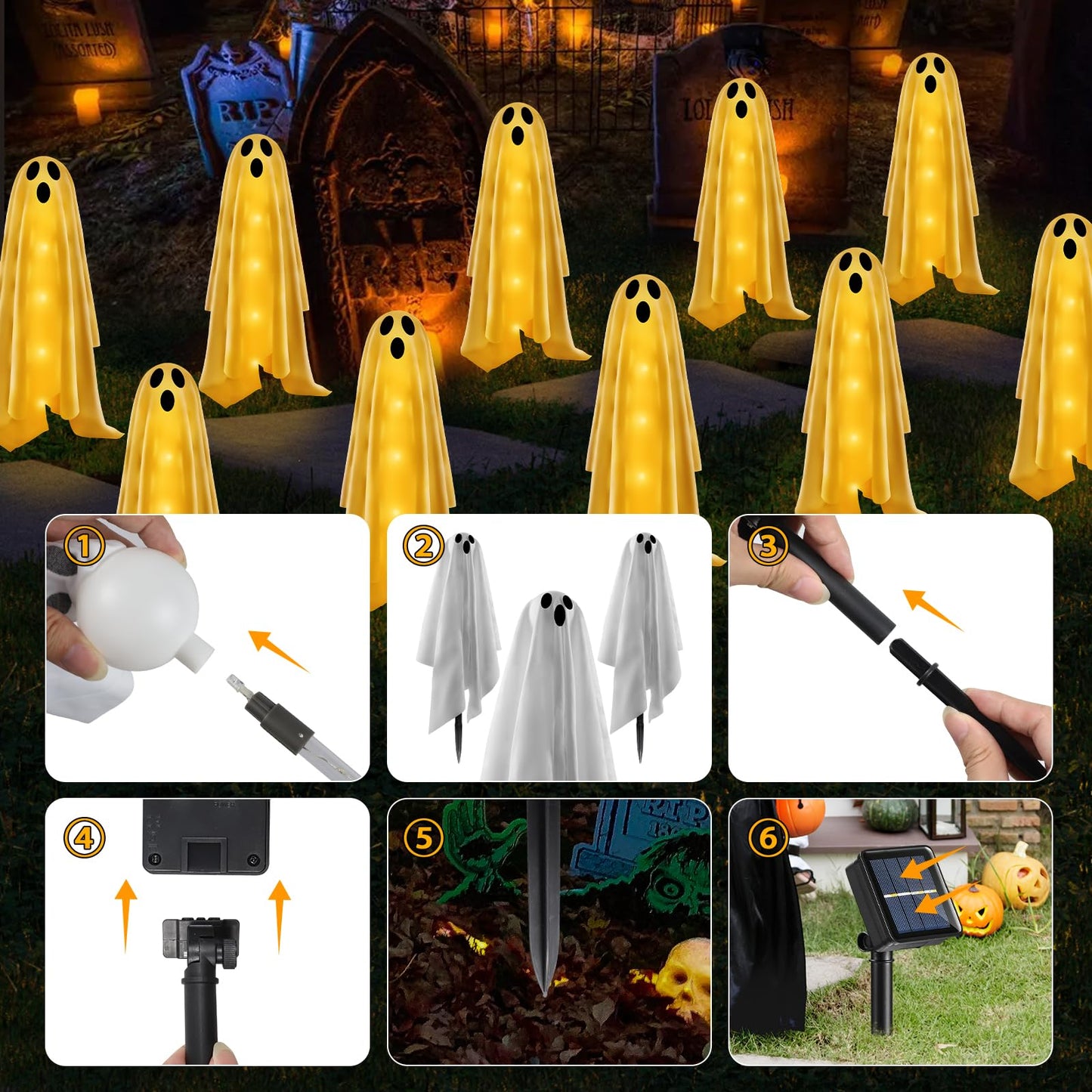 Betrihyes 6PACKS Halloween Decorations Outdoor Solar Ghost Lights,Scary Ghost Decor with Spooky Party Gifts,Solar Halloween Path Lights for Front Porch/Yard/Garden/Home/Ghost Party Decor Warm White