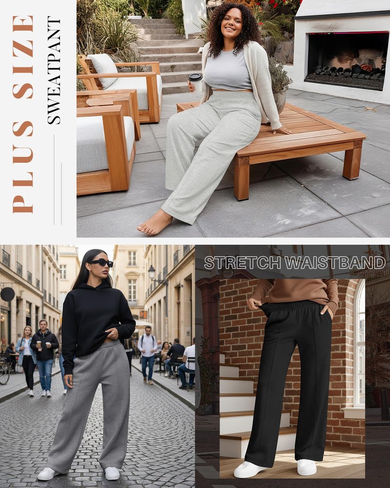 Neer 3 Pack Women's Plus Size Sweatpants, Wide Leg Lounge Pants Elastic Waist Baggy Pant with Pockets Casual Loose Fit Bottom(Black, Dark Heather Gray, Light Heather Gray,3X-Large)