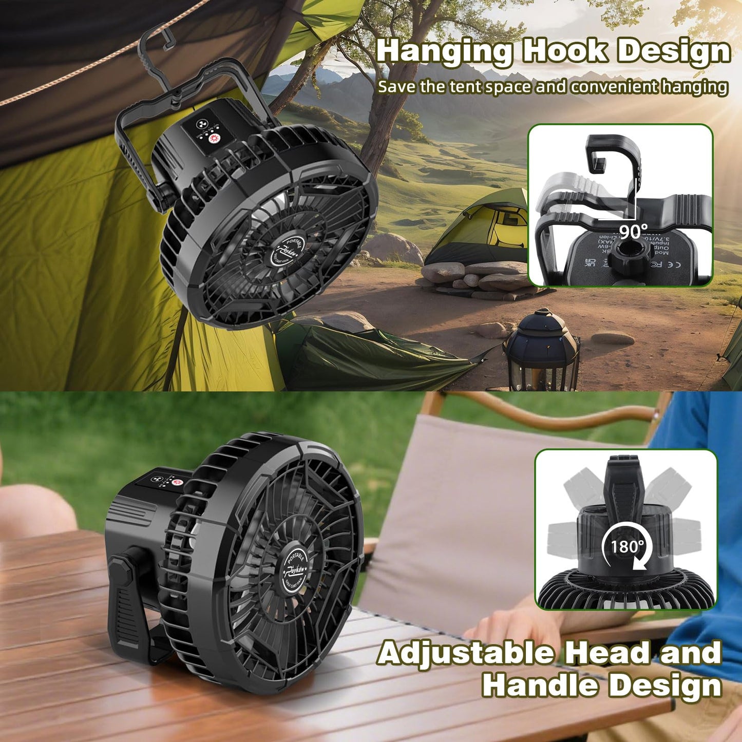 Roykaw Golf Cart Fan 10400 mAh Rechargeable Battery Powered, 24 Hrs Work Portable Fan with LED Light for Nighttime Drive, Cordless Remote Control, Compatible with EZGO Club Car Yamaha, 2PCS