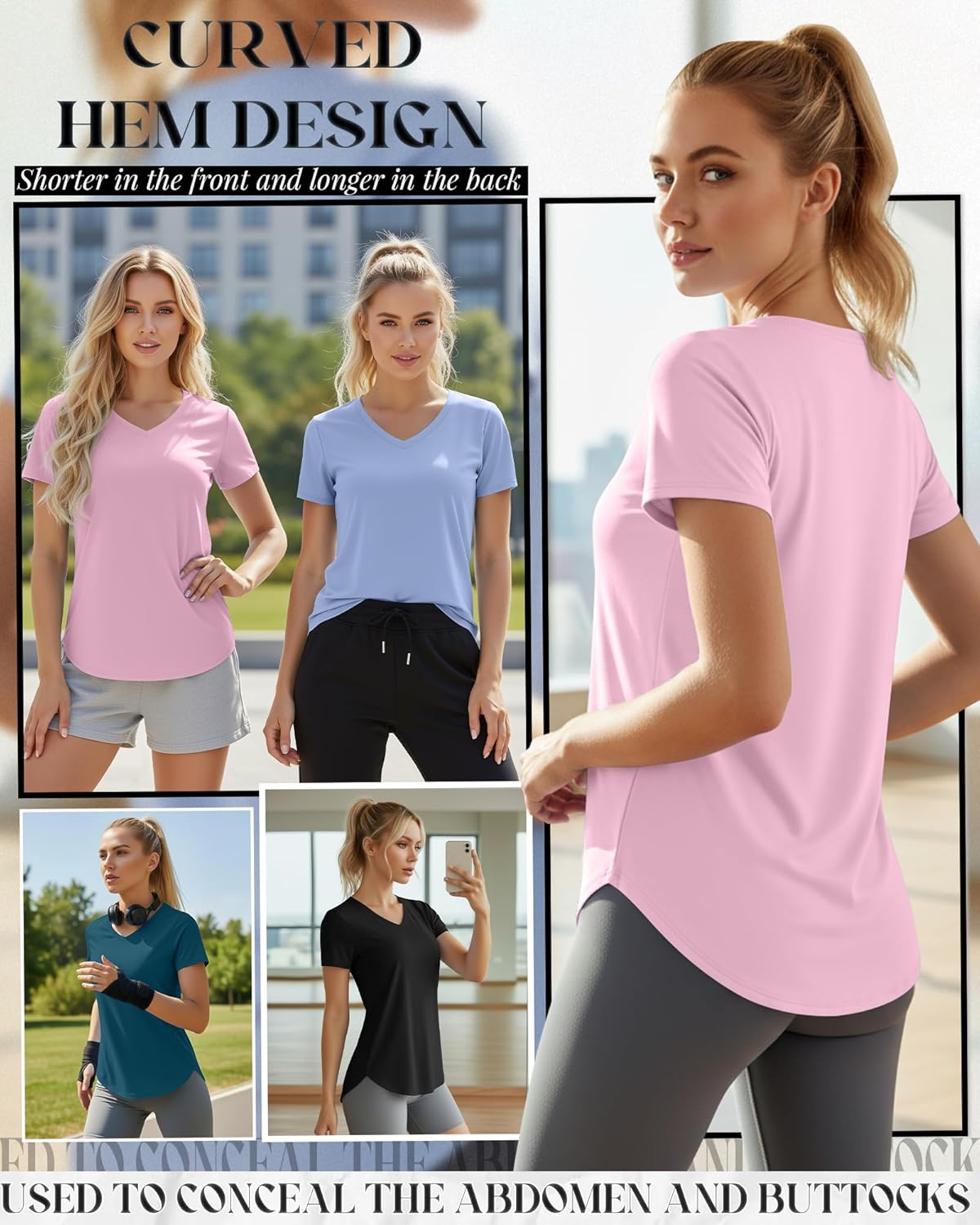Oakgarden Women's Workout Tops - Quick Dry UPF 50+ V-Neck Gym Shirts | Lightweight, Side Slits, 4 Pack
