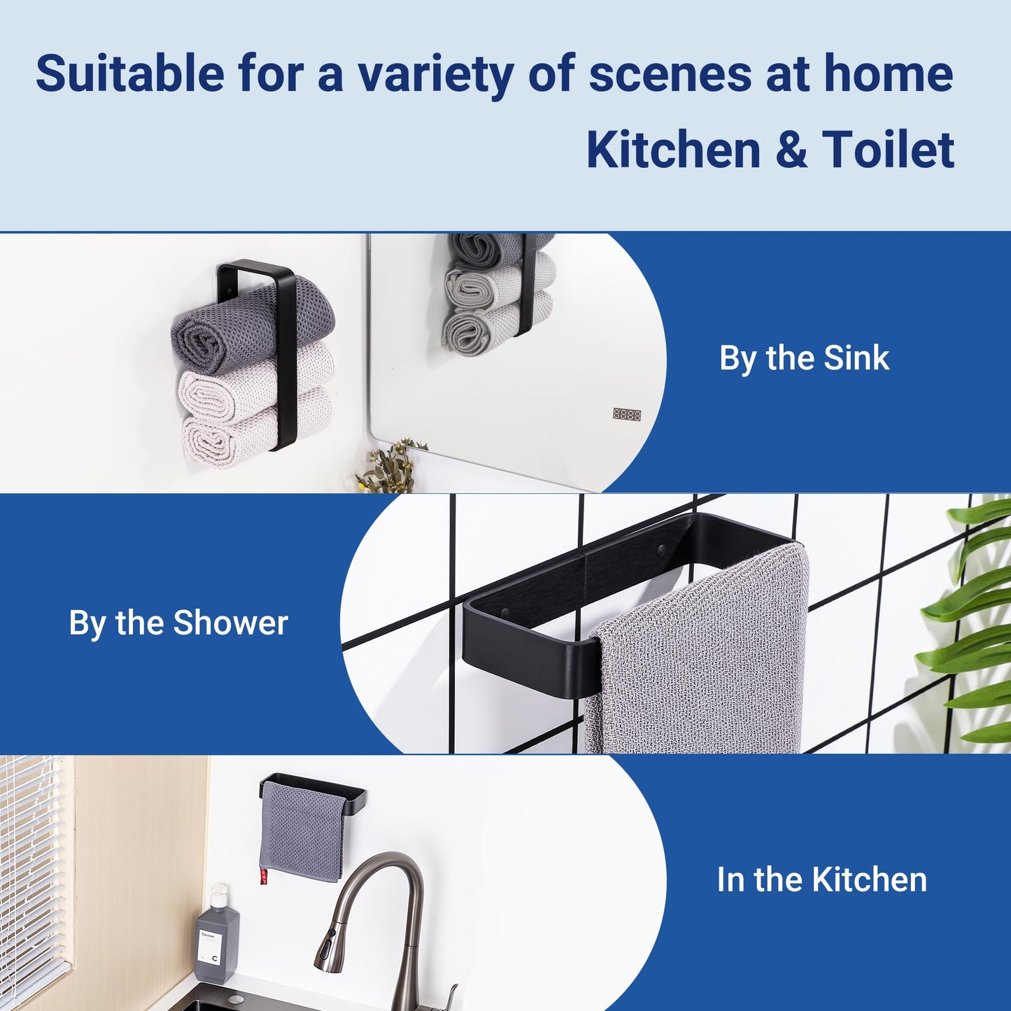 SAYAYO Matte Black Hand Towel Holder for Bathroom Wall, 8 Inch Self Adhesive Towel Bar Hand Towel Rack Square Heavy Duty