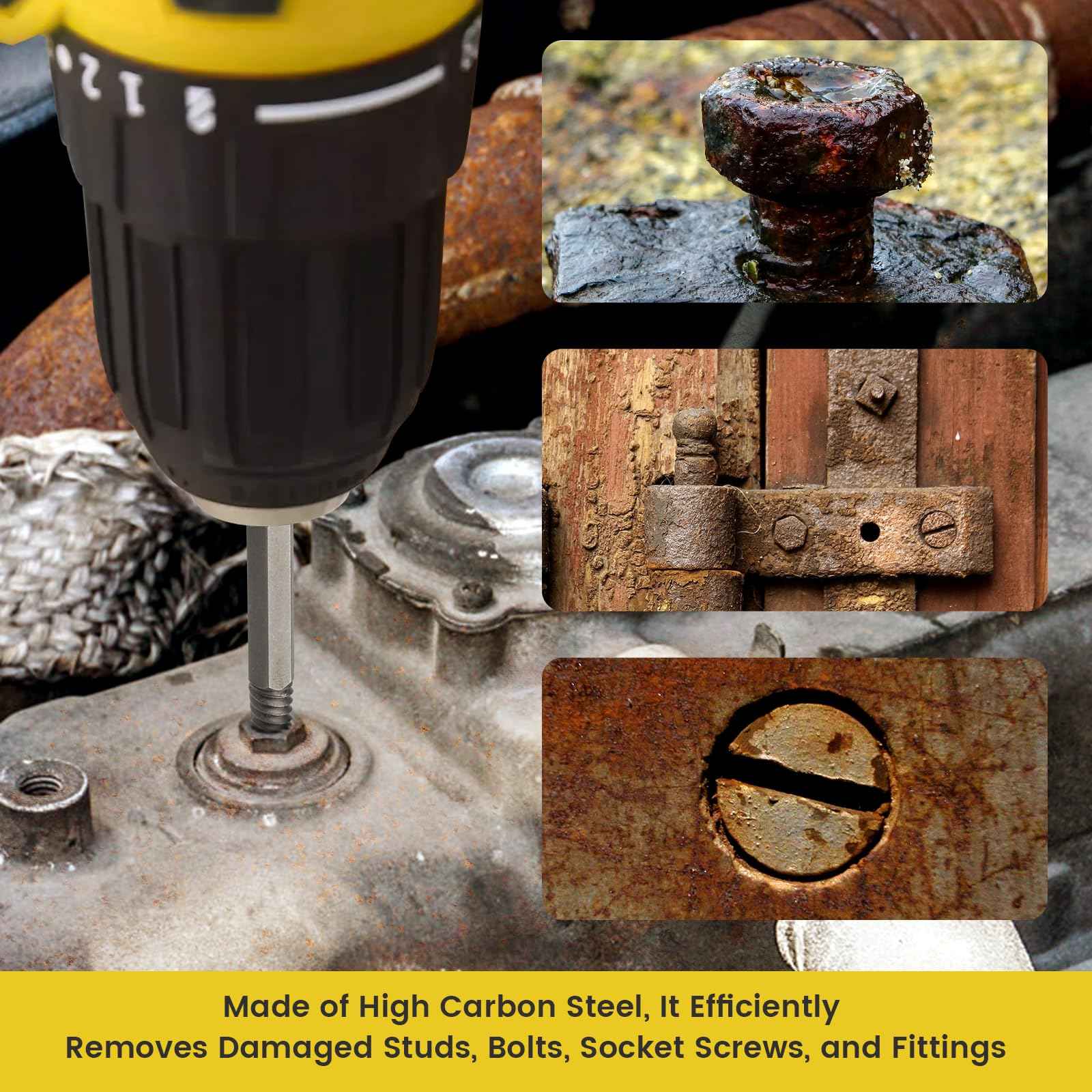 14-Pieces Screw Extractor and Left-Hand Drill Bit Set, Easy Out Broken Bolt Remover Reverse Cobalt HSS Steel Drill Kit, Ez Out Stripped, Rounded-Off, Damaged Bolts, Screws&Studs Removal Tool(Yellow)