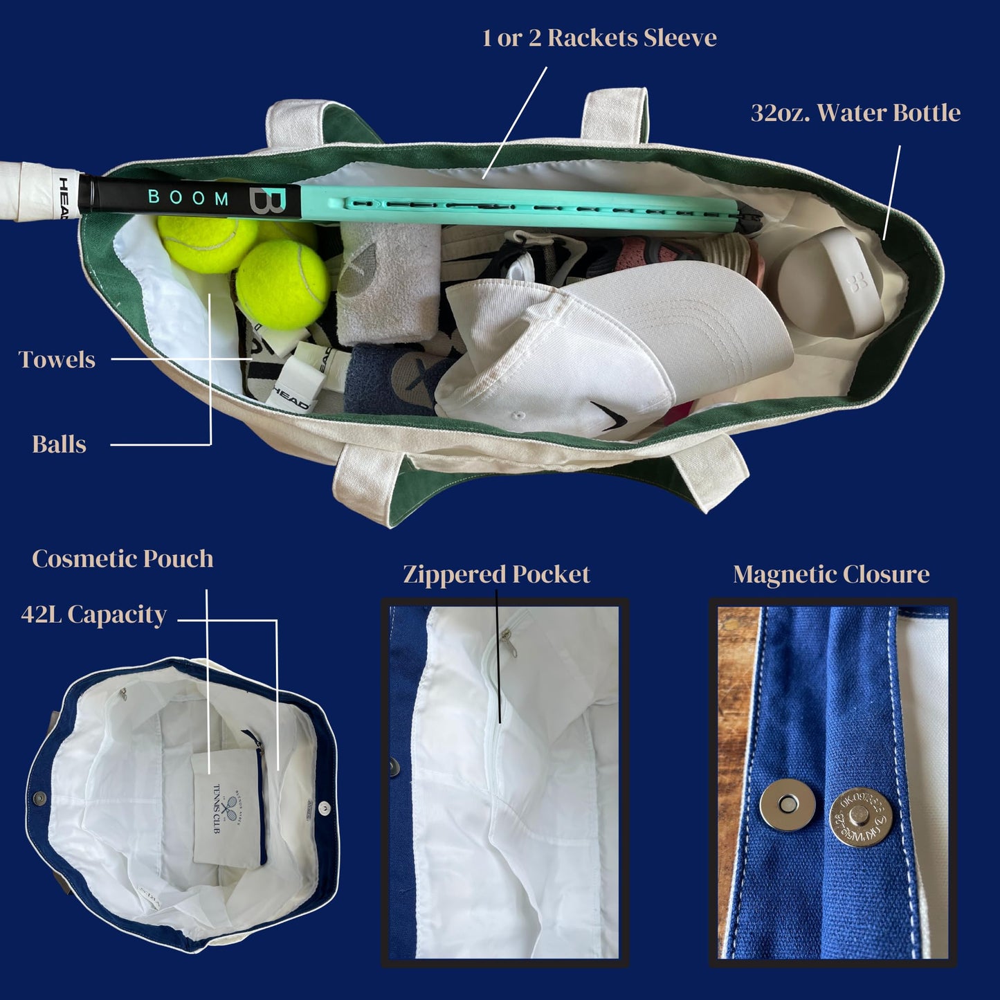 AYRES OUTDOOR Tennis Tote Bag for Women – Large Racket Bag with Pockets, Carry-On Travel Sleeve & Cosmetic Pouch – Perfect for Court, Gym & Travel (W&Blue)