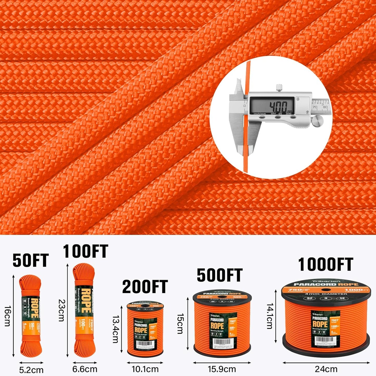 Paracord Rope 750 lb - 500ft Heavy Duty 12-Strand Parachute Cord | Orange Survival & Camping Gear