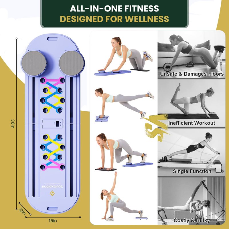 Pilates Board, 9 in 1 Multi-Purpose Foldable Pilates Reformer Set, Portable Pilates Reformer Board with Yoga Socks & Resistance Bands, Best for Women Fitness & Exercise at Home Pilates Workout Board