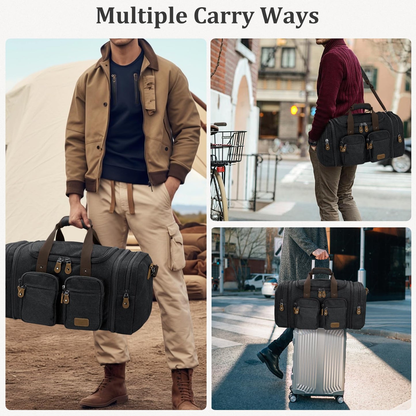 Gonex Canvas Duffle Bag for Travel, Expandable Water Resistant 60L Carry on Duffel Overnight Weekender Gym Bag with Wet Dry Separation Pocket & Suitcase Handle Sleeve, Dark Grey