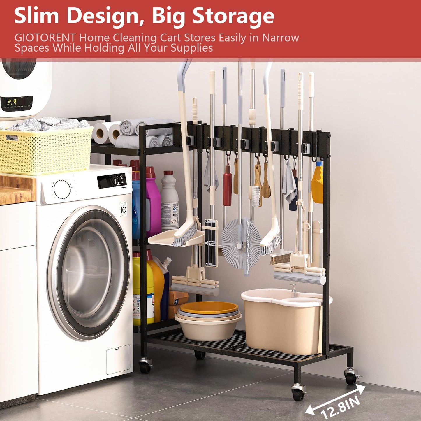 GIOTORENT Metal Cleaning Cart with Wheels - Rolling Broom Holder & Supplies Organizer, 10 Adjustable Clips, 5 Double-Hooks, 3-Tier Shelves, Brakes for Home, Commercial, Black