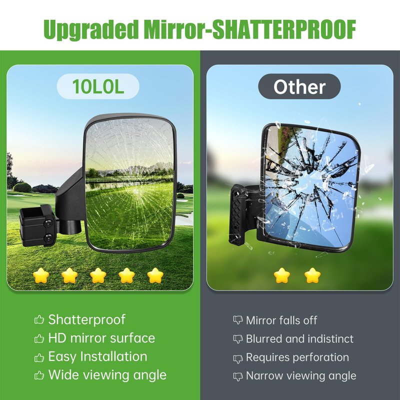 10L0L No-Drilling Golf Cart Side Mirrors - Universal Fit for Yamaha/Club Car/EZGO, 180° Foldable Shatterproof Glass with Anti-Fog & Reflective Stickers
