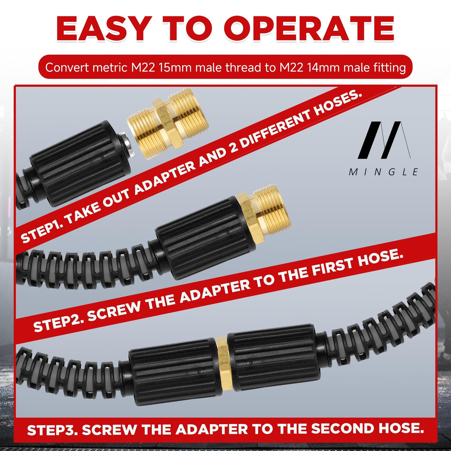 M MINGLE Pressure Washer Adapter, Metric M22 15mm Male Thread to M22 14mm Male Fitting, 4500 PSI, 2 Pack