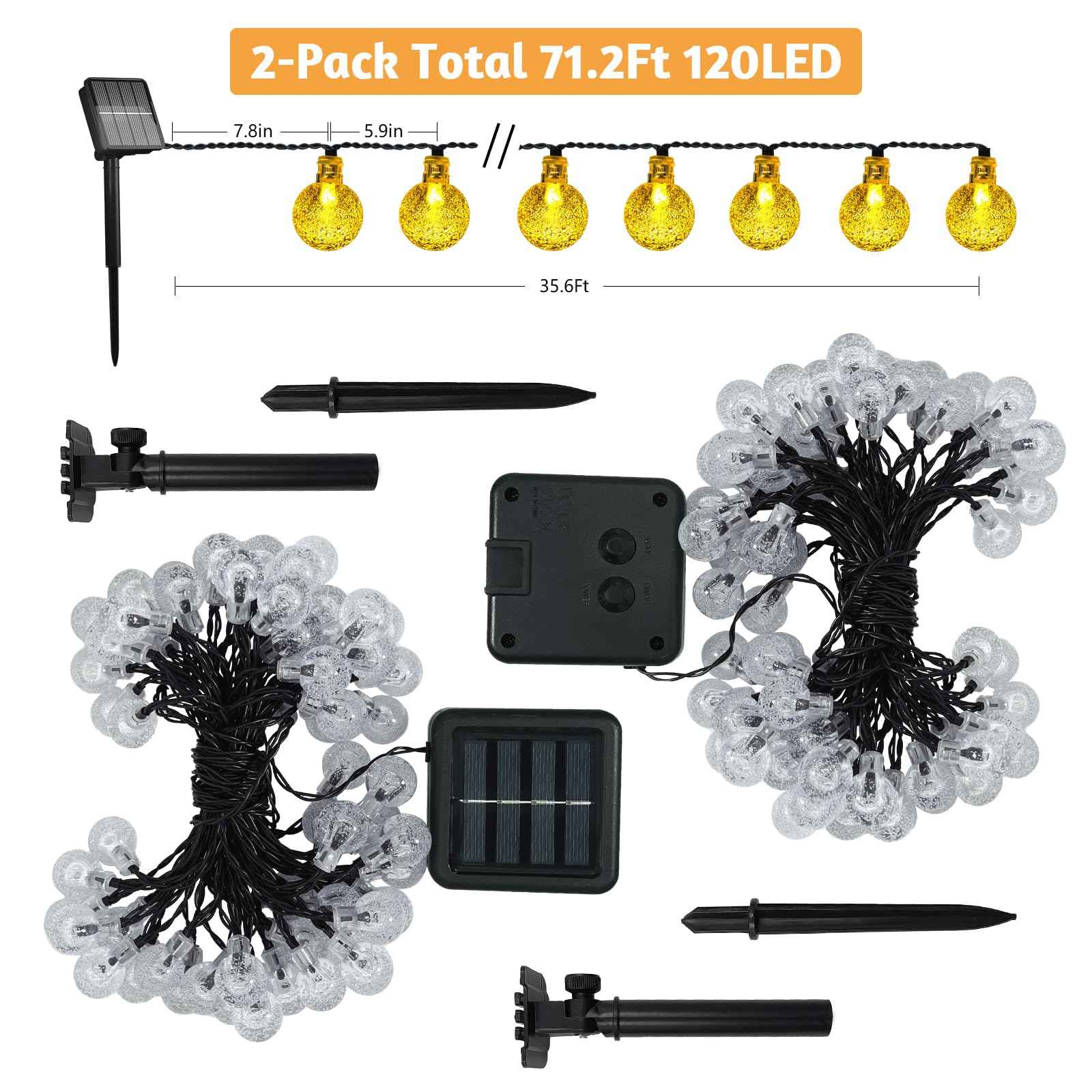 Selarlyt 2 Pack 120 LED Solar String Lights Outdoor Waterproof, 72 FT Crystal Globe Lights with 8 Lighting Modes, Solar Powered Light Outdoor for Garden Wedding Party Decor（Warm White）