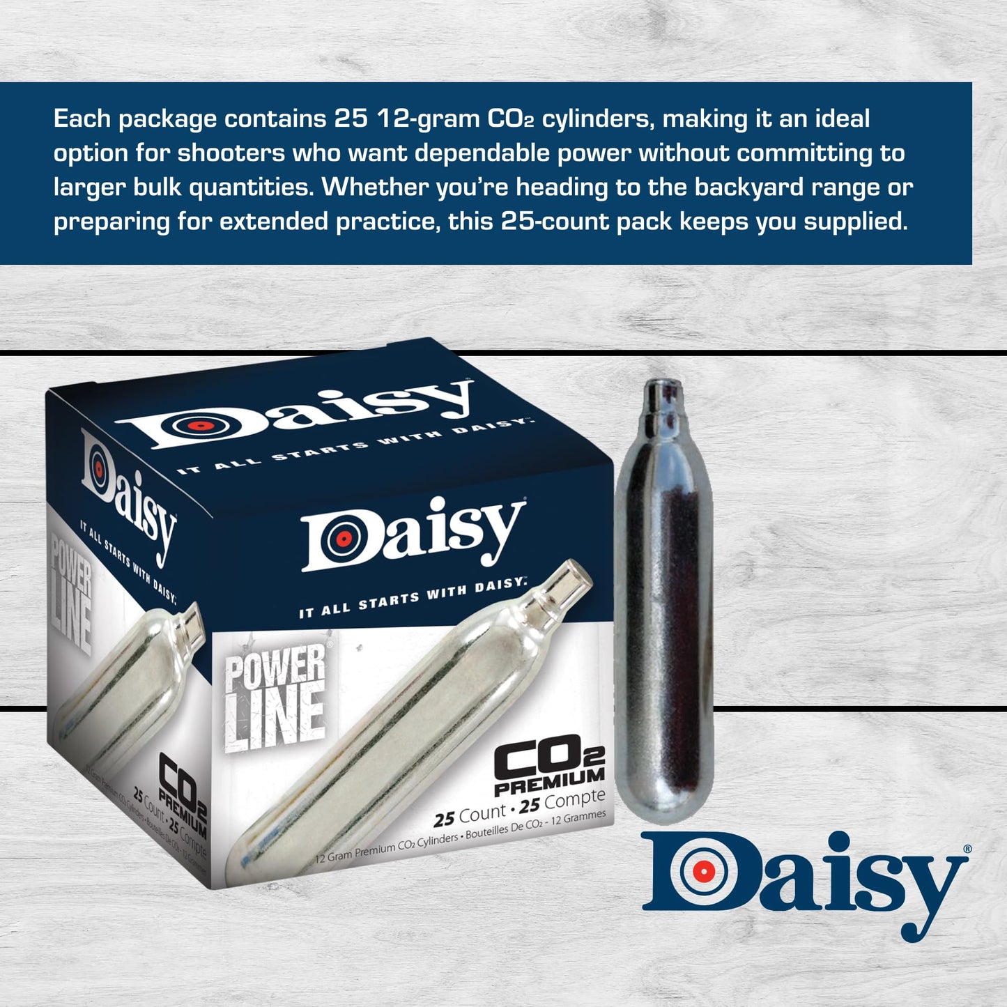 Daisy Powerline 12-Gram CO2 Cylinders, 25 Count, Consistent Pressure, for CO2 Airguns