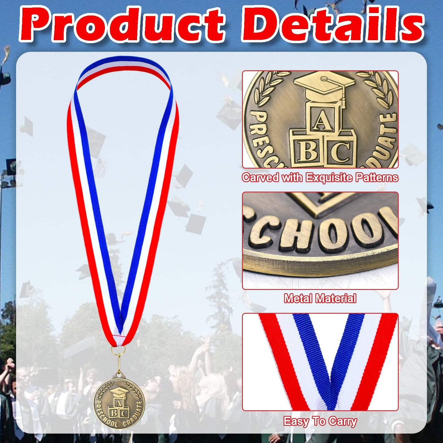 Remuuly 30/60 Pcs Kindergarten Graduation Award Medals for Kids 2'' Preschool Award Medallion with Neck Ribbon Congrats Graduation Gifts for School Student Party Favor(30 Pcs,ABC)