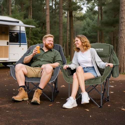 Huskfirm Oversized Padded Camping Chairs - Heavy-Duty Foldable Design with Cup Holder & Cooler Bag | Supports 450lbs, Grey