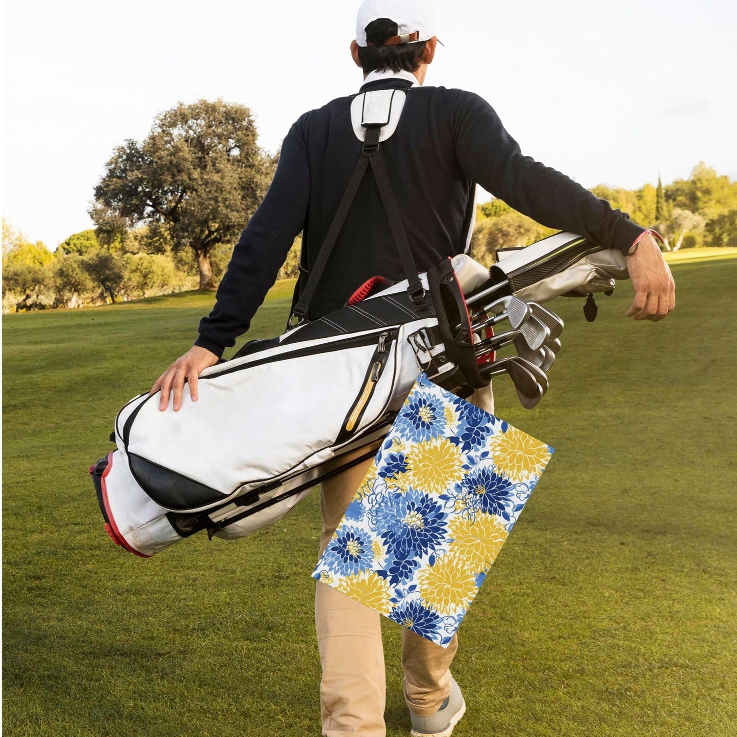 hsbolediy Golf Towels for Men Golfers 16"x24", Flower Blue Floral Yellow Custom Golf Towel Gifts Accessories for Golf Bags