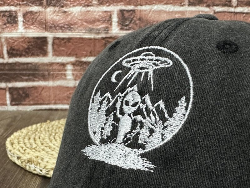 ZKFE Embroidered Alien Under The Moon UFO Hat for Men Women, Washed Black Adjustable Cotton Embroidery Snapback Hat Baseball Cap