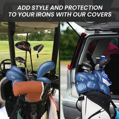 FINGER TEN Premium Synthetic Leather Stylish Iron & Wedge Golf Head Covers Value 12 Piece Set, Embroidered Labels & Fits Most Clubs Gift Set, Travel Protection Accessories (1 Side-Blue)