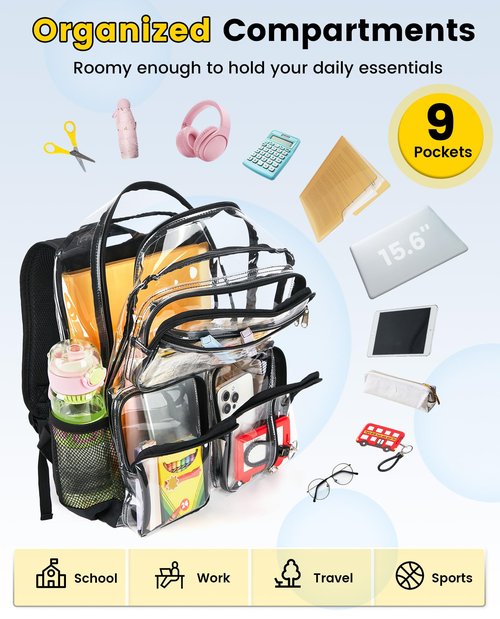 Vorspack Clear Backpack Heavy Duty - Extra Large Clear Bookbag Transparent See Through Backpacks for College Work Festival - Black