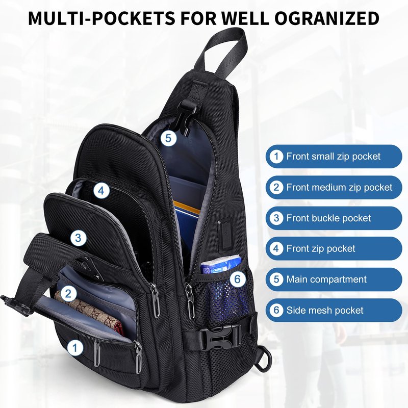 WITZMAN Sling Bag for Men Casual Crossbody Sling Bags with USB Charging Port for Travel Daily Cycling(B735 Black)