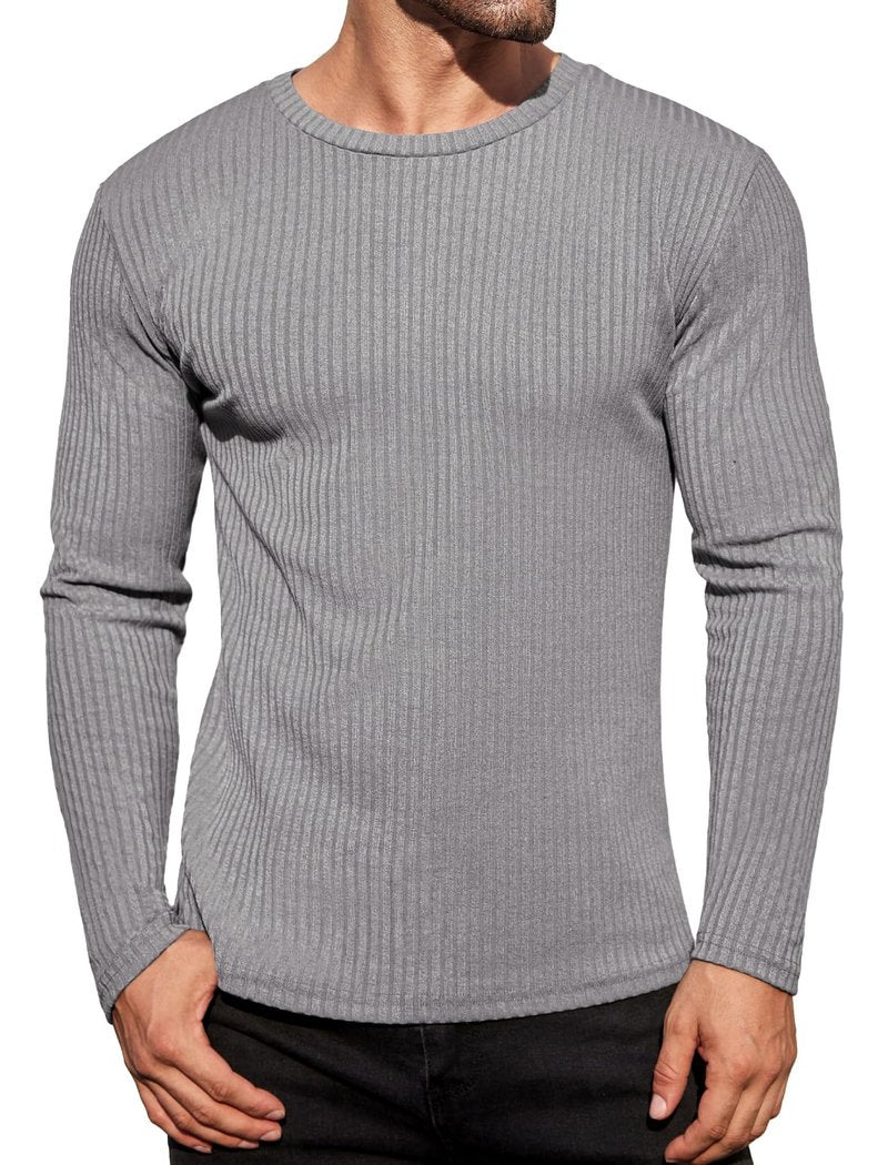 Ekouaer Men's Long Sleeve Shirts Ribbed Pullover Sweater Sim Fit Thermal Tops Crew Neck Stretchy Undershirts Light Grey L