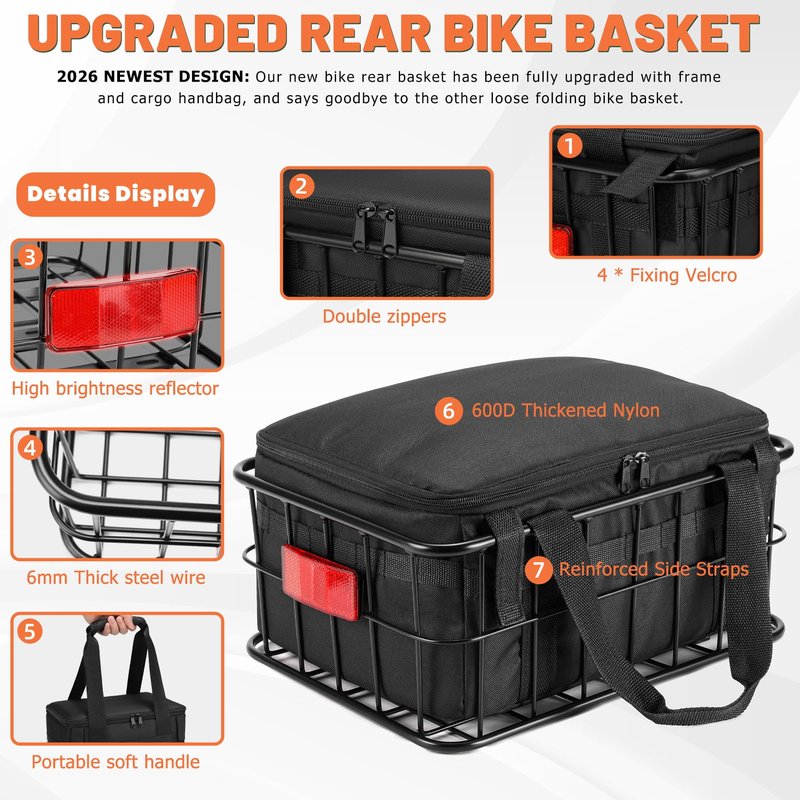 CDYWD Bike Basket Rear for Men Women, Large Bicycle Rack Basket for Adult Bikes with Removable Liner Bag & Waterproof Cover, Heavy Metal Back Cargo Basket for Ebike, Mountain Bike, City Bike, Cruiser