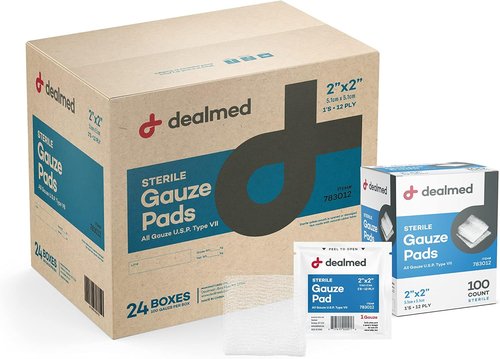 Dealmed Sterile Gauze Pads - 2" x 2" Disposable Medical Wound Care (100 Count, Case of 24)