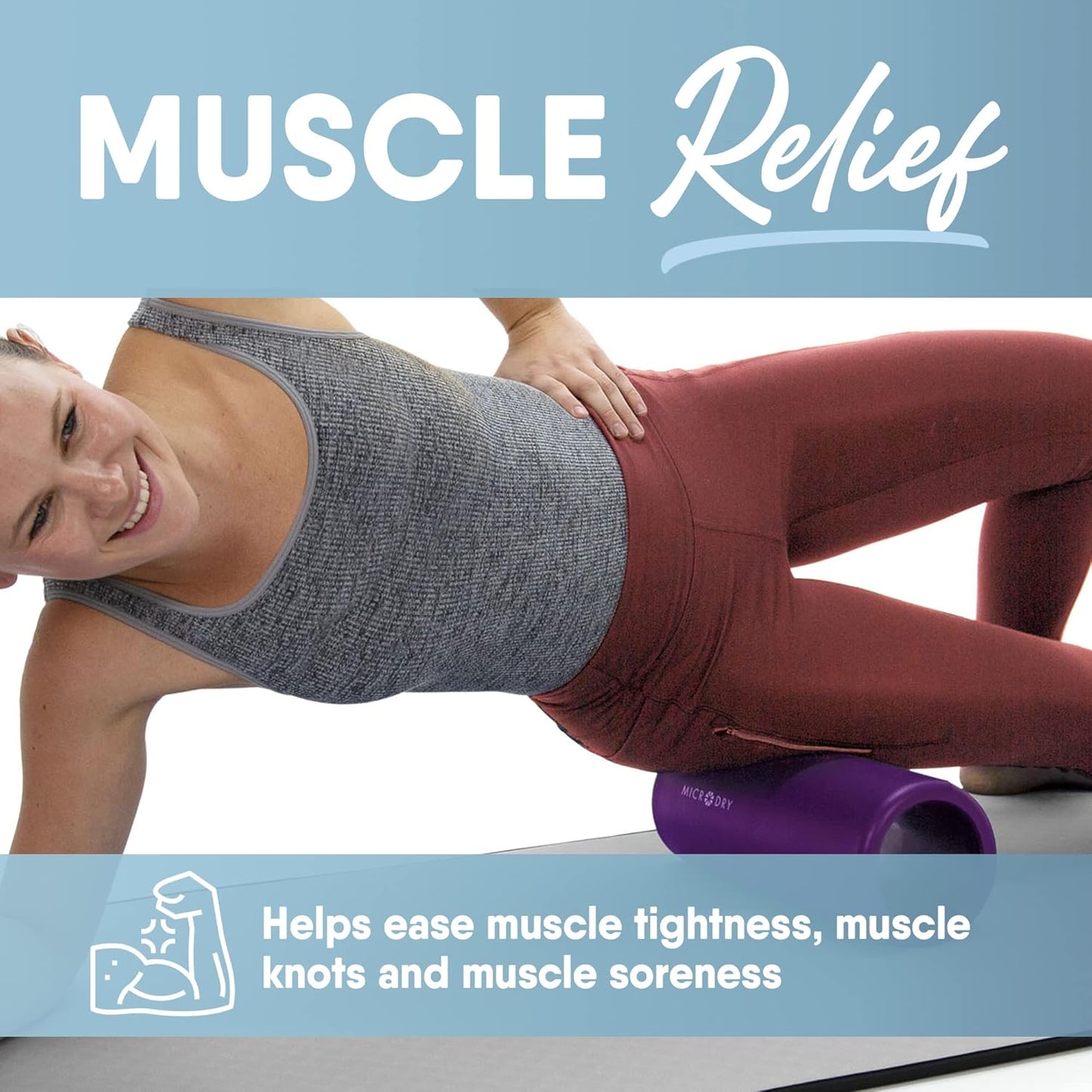 MICRODRY Deluxe Foam Back Roller - Deep Tissue Massage & Muscle Relief for Yoga | 13x5.3, Purple