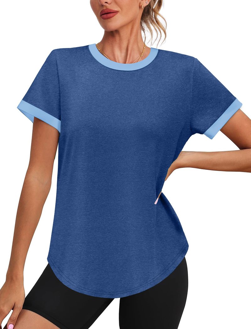 Workout Tops for Women Breathable Loose Fit Yoga T Shirts Casual Short Sleeve Shirts Fitness Clothing Running Gym Clothes Athletic Tee Top Plus Size Summer Outfits Travel XL Navy Blue