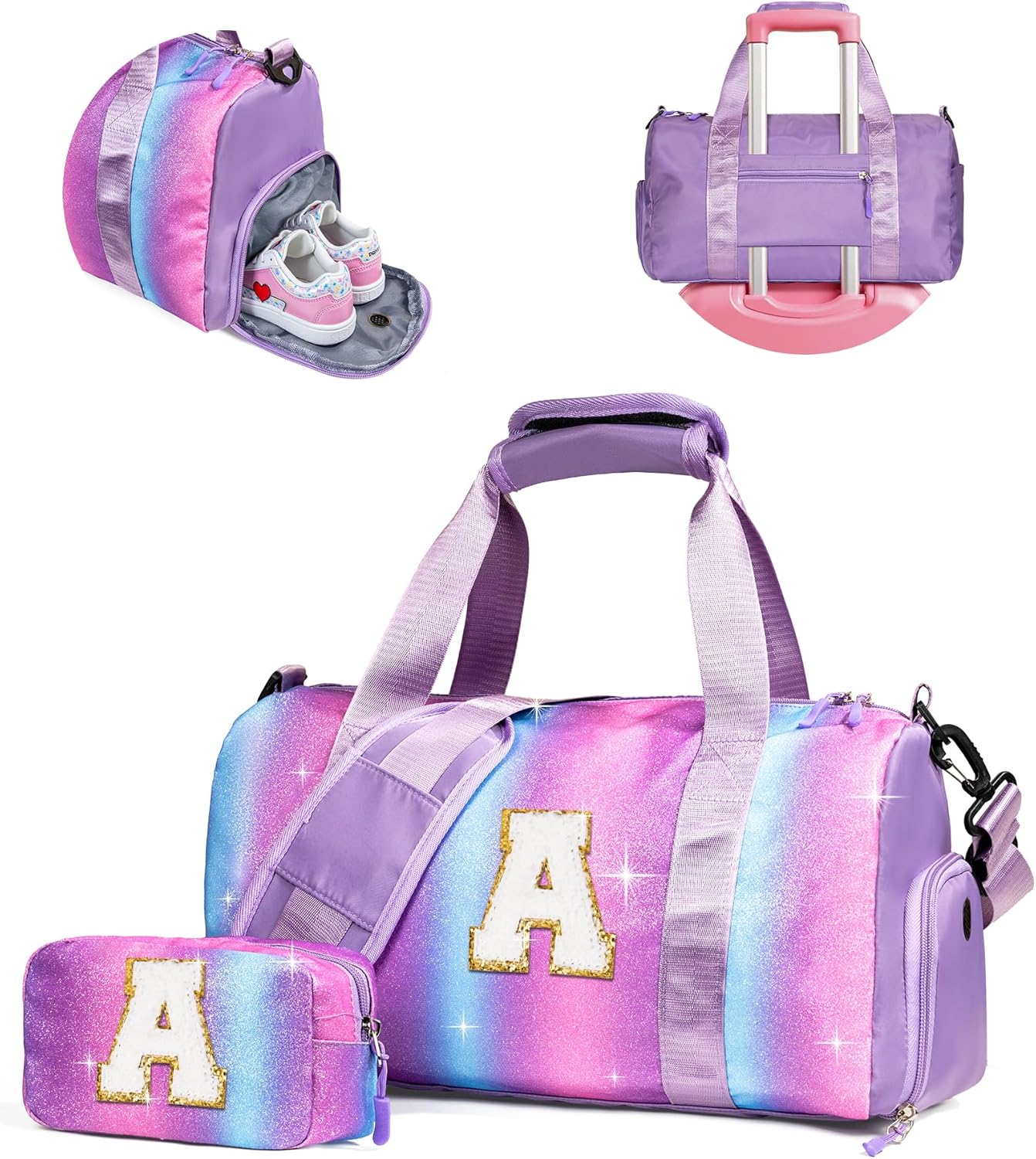 Skiennix Personalized Gym Bag for Girls - Stylish Weekender with Shoe Compartment & Makeup Pouch | Ages 4-11, Letter A