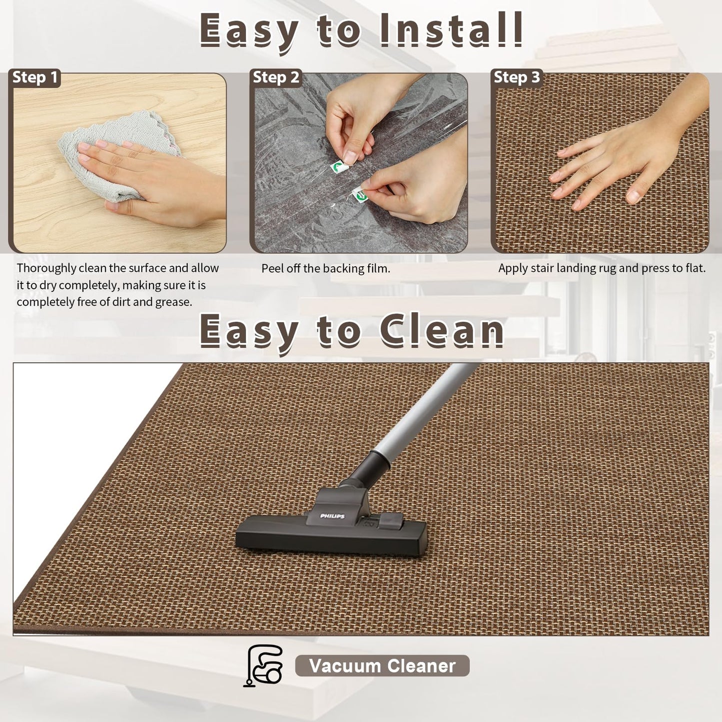 SMILOOL Non Slip Stair Landing Rug for Wooden Steps Indoor, Stair Landing Mat Square 20" x 32" Landing Rugs for Wood Stairs, Carpet Stair Treads Matching Mats for Pet, Brown