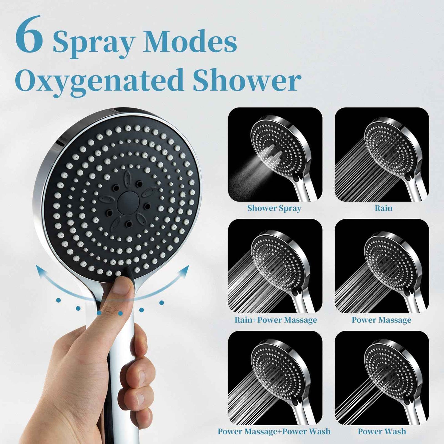 OFFO Handheld Shower Head Set, 6-Mode High Pressure Handheld Sprayer with 60 in Stainless Steel Hose & Holder, High Flow Large Powerful Boosting Handheld Showerhead for Low Water Pressure, Chrome