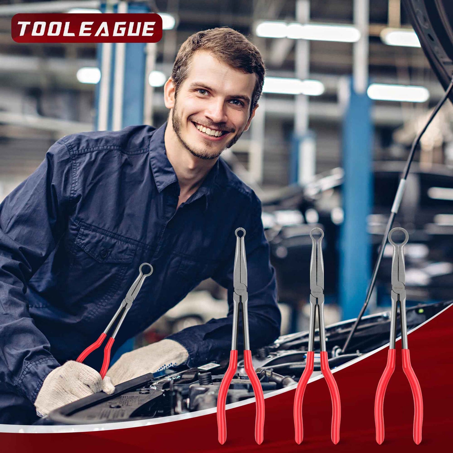 TOOLEAGUE 3Pcs Extra Long Hose Gripper Pliers Set, 11" Long Reach Pliers,5/16-Inch, 1/2-Inch, 3/4-Inch Dia,O-shape Tip Craft Repairing Tool,Offset Spark Plug Boot Removal Tool