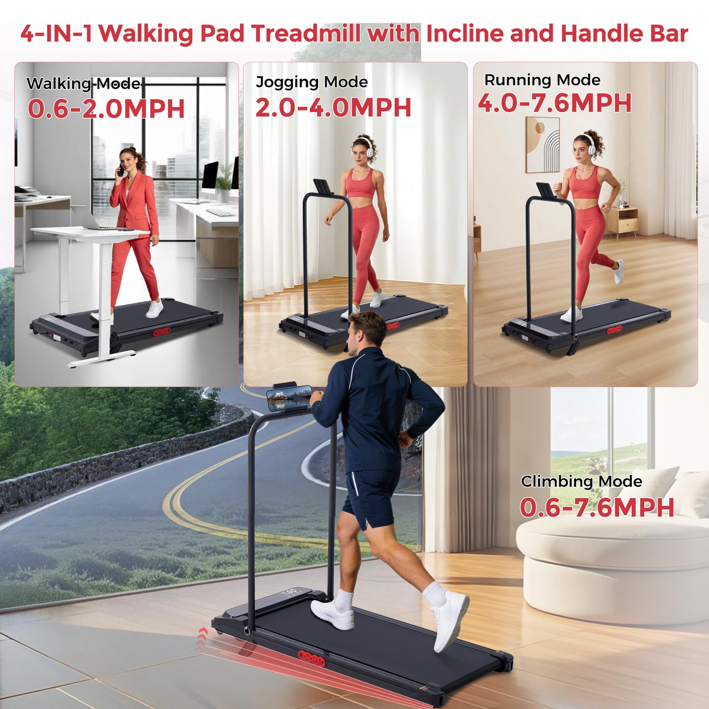 MCRG Walking Pad with Incline, Portable Treadmills with Handle Bar for Home