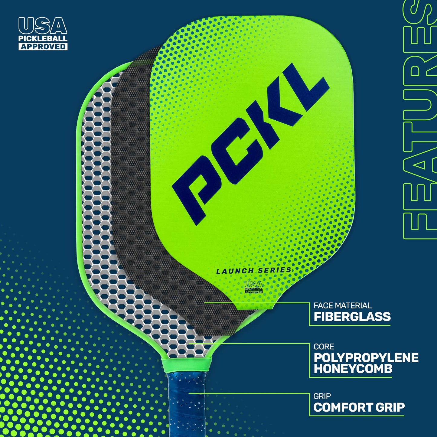PCKL Launch Series Pickleball Paddle Racket | USA Pickleball Approved (USAPA) | Fiberglass Face with Large Sweet Spot | Honeycomb Core (Green)