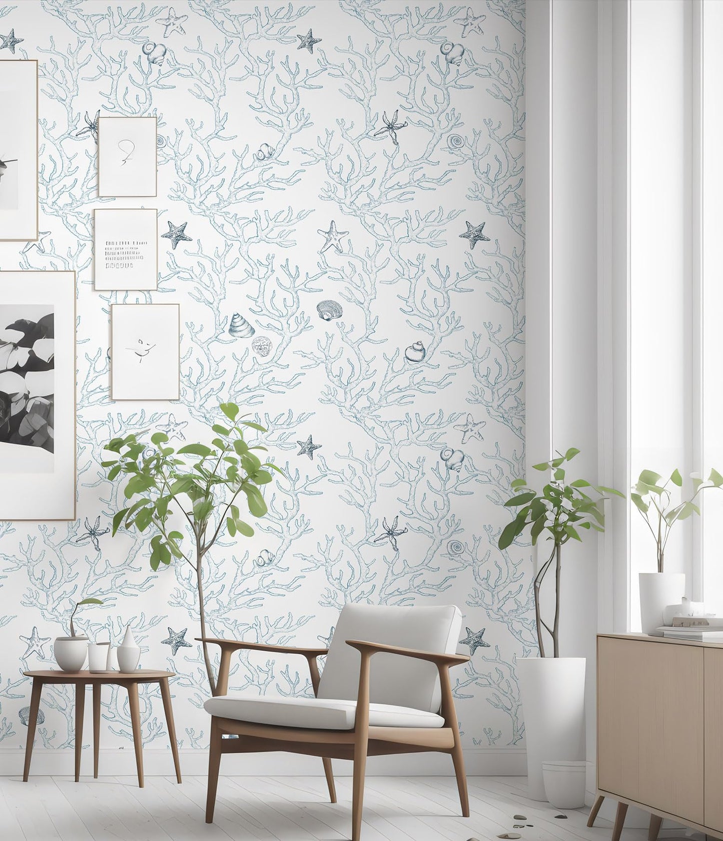 Akywall Ocean Wallpaper Peel and Stick White and Blue Contact Paper Textured Sea Coral Starfish Shells Self Adhesive Vinyl Roll Stick on Wallcovering Cute for Home Decor 118in