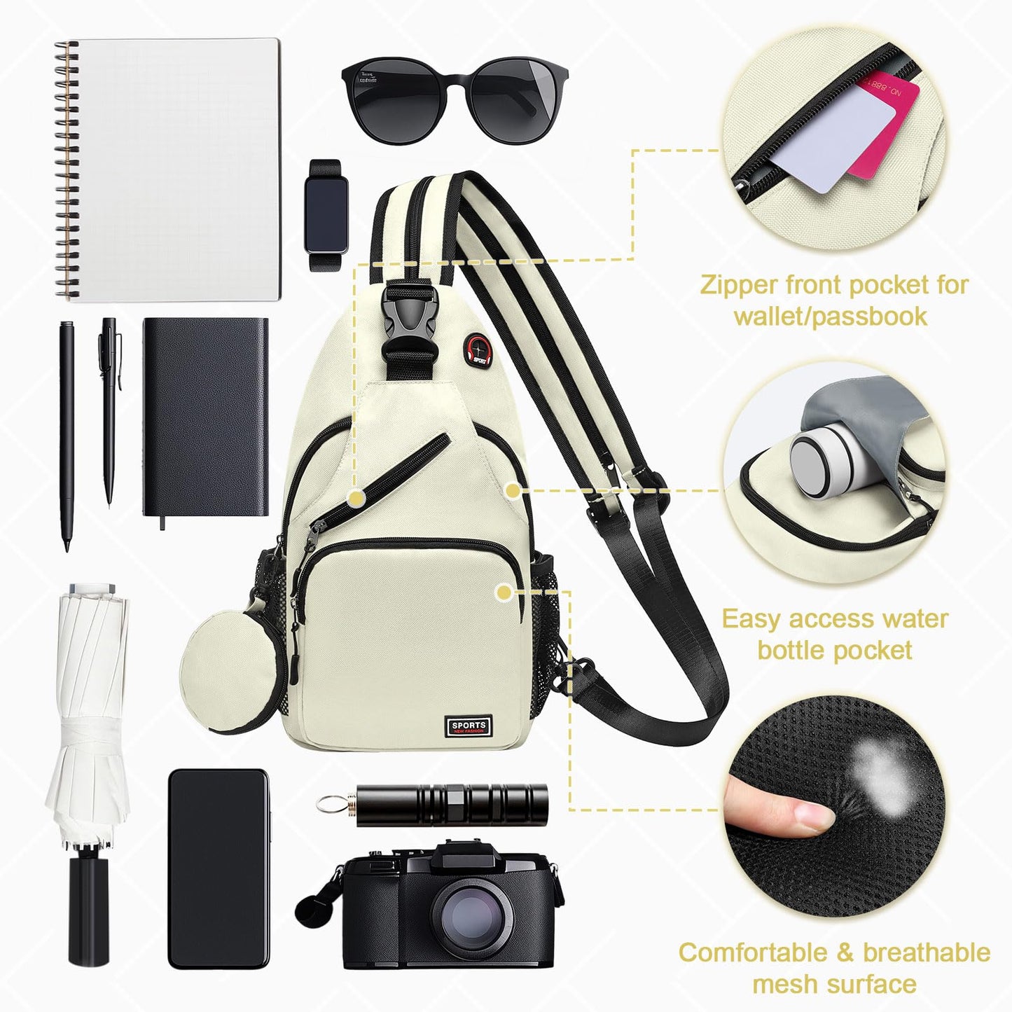 SUIKIHUM Convertible Sling Bag with Coin Pocket, 11" Tablet Crossbody Mini Backpack with Headphone Jack Casual Pack for Women Men Travel, White