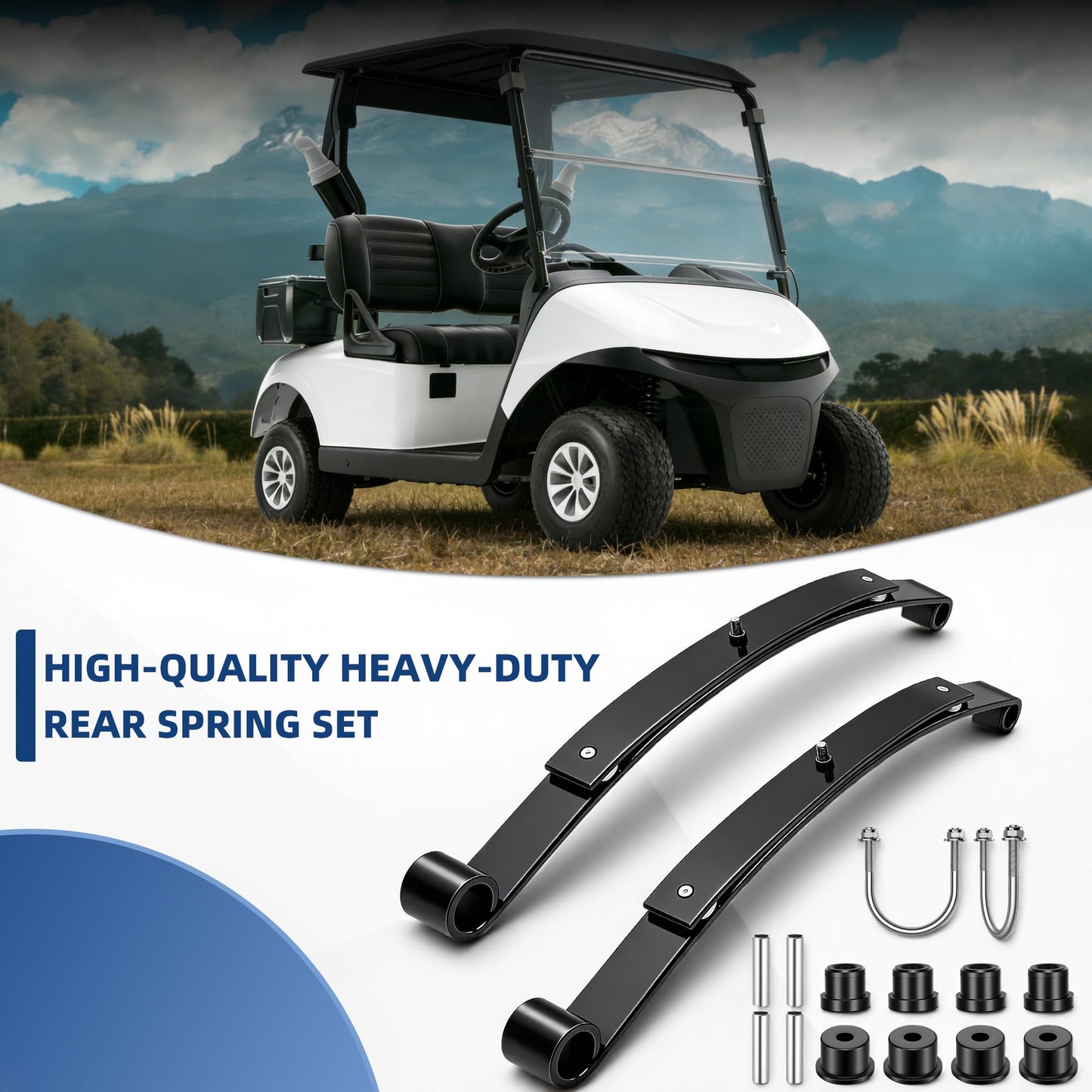 Mixopoly Heavy Duty 2-Leaf Rear Spring Kit Replacement for EZGO RXV 2008-up Golf Cart with Bushings, Sleeves & U-Bolts for Smoother Ride Replace OEM 603498, 604494