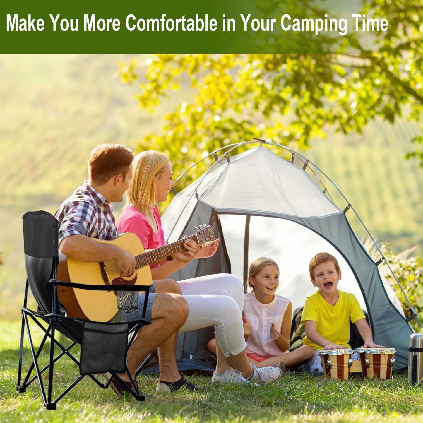Skiennix Folding Camping Chairs - Heavy Duty Collapsible Lawn Chairs with Cooler Bag & Storage Pocket - Supports 225lbs, Black