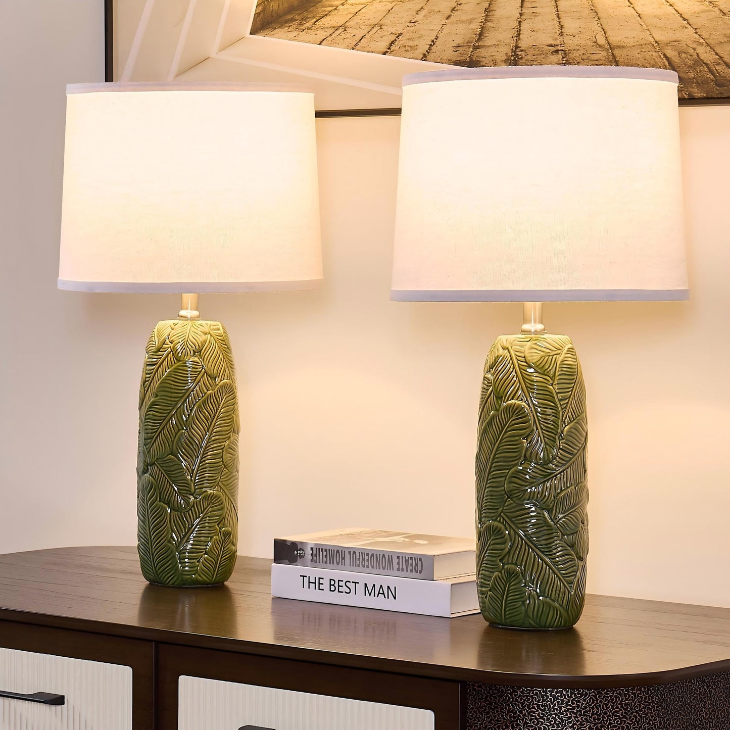EUO 25” Green Lamps Set of 2 with Leaves Design for Living Room, Bedroom, Retro Ceramic Table Lamps for Nightstand Set of 2